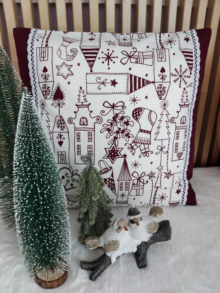 Vánoční povlak na polštář 40x40 - vánoční vesnička vínová v kombinaci s vínovou