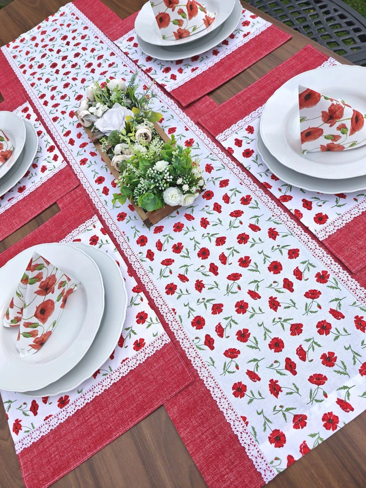 Jídelní sada - drobné vlčí máky s červenou v režném efektu – běhoun 42×140 cm + 4 prostírání