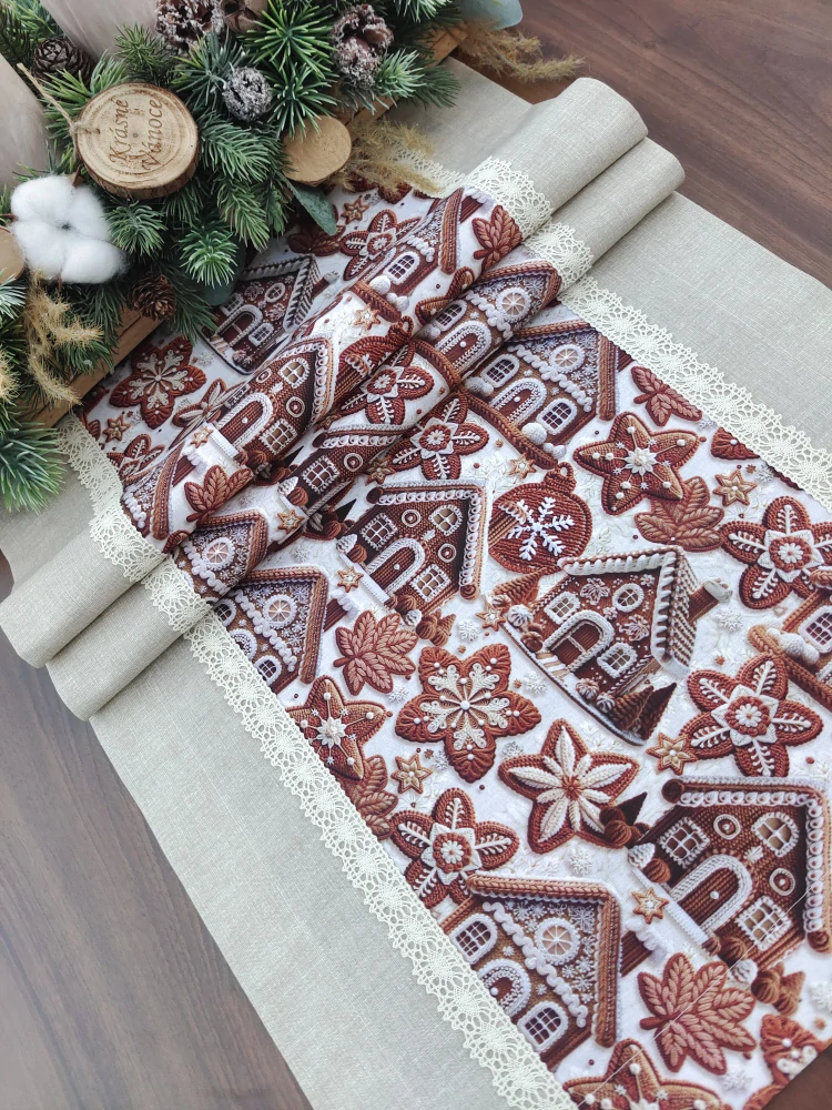 Běhoun - vánoční ubrus perníkové chaloupky v kombinaci s béžovou | 42 x 140