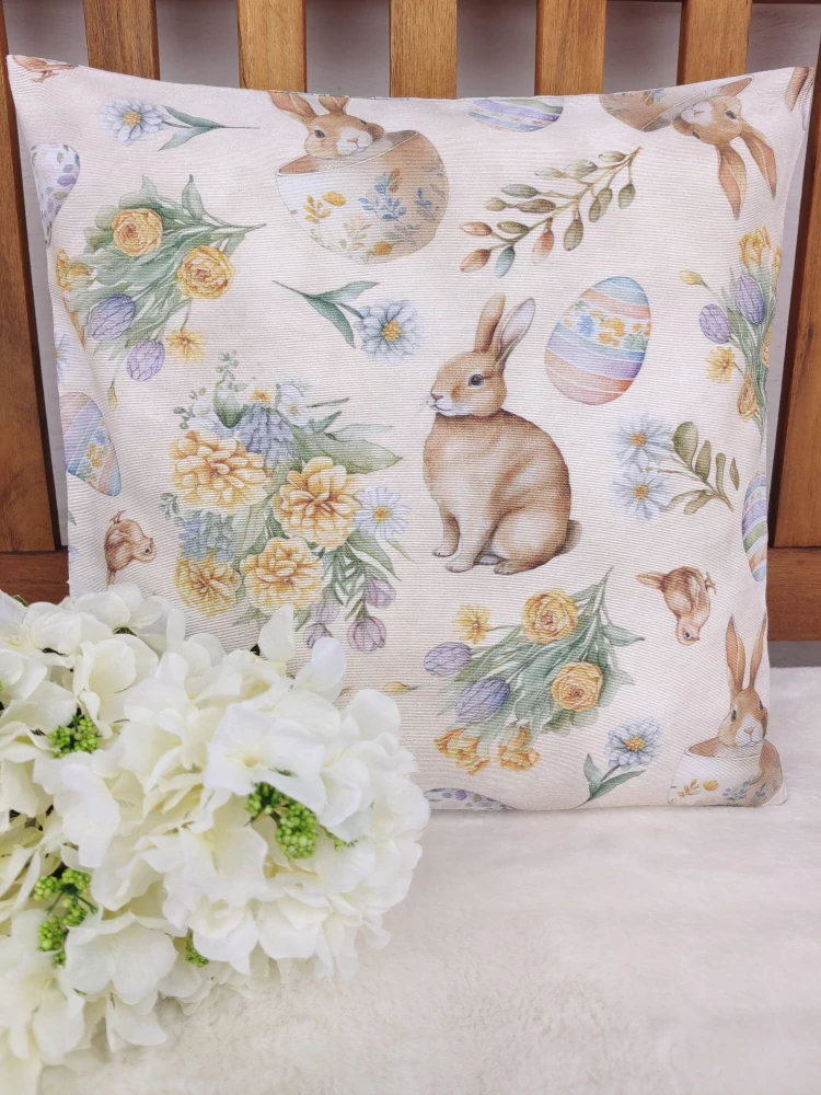 Povlak na polštář 40 x 40 cm – Velikonoční zajíčci a vajíčka na béžové | Ruční výroba