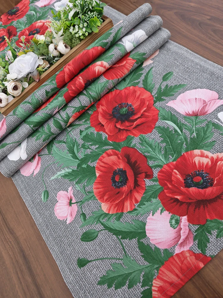 Běhoun - vlčí máky na šedé - 220 cm