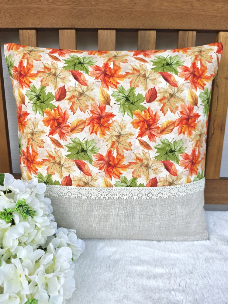 Povlak na polštář 40 x 40 cm – podzimní barevné listí s krajkou
