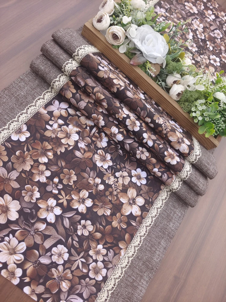 Běhoun - ubrus hnědé kytičky v kombinaci s hnědou | 42 x 140 cm
