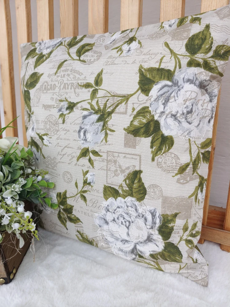 Povlak na polštář 40 x 40 cm – Vintage růže v šedozelených tónech | Ruční výroba z bavlny