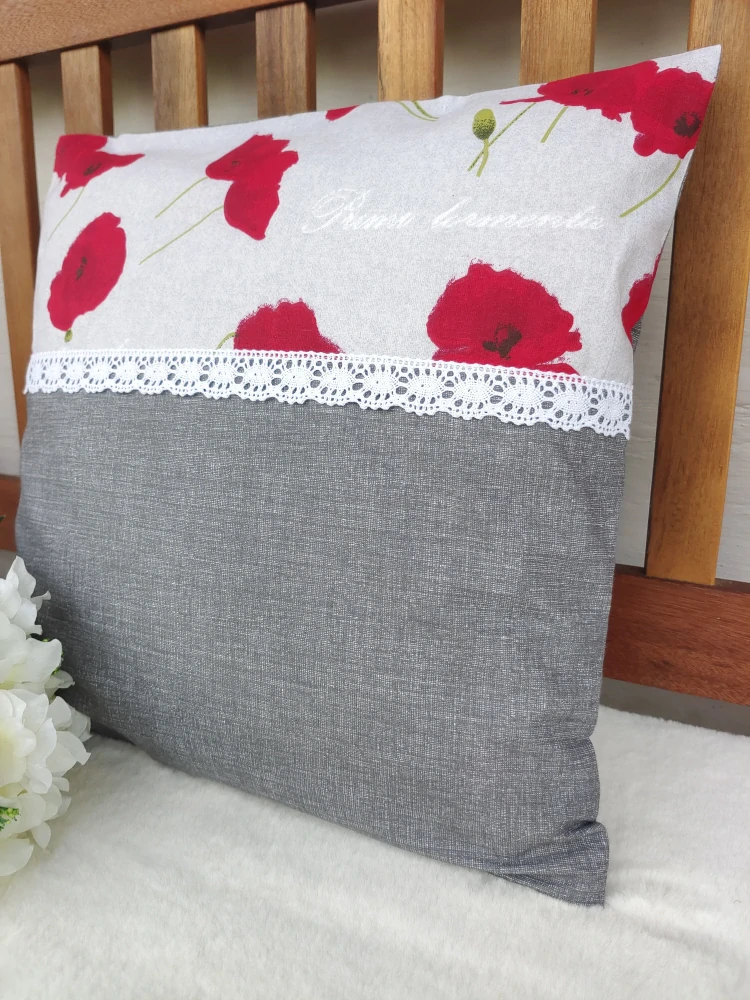 Povlak na polštář 40 x 40 cm – Vlčí máky s šedou | Ruční výroba z bavlny