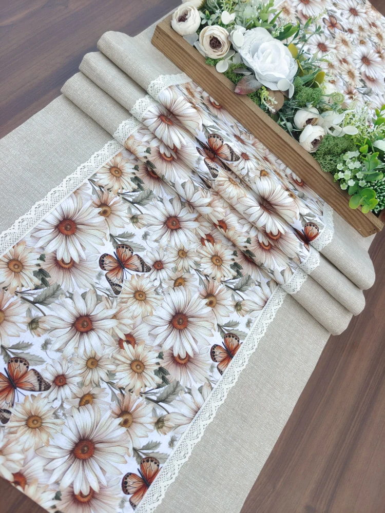 Běhoun – ubrus na stůl kopretiny na béžové | 42 x 140 cm