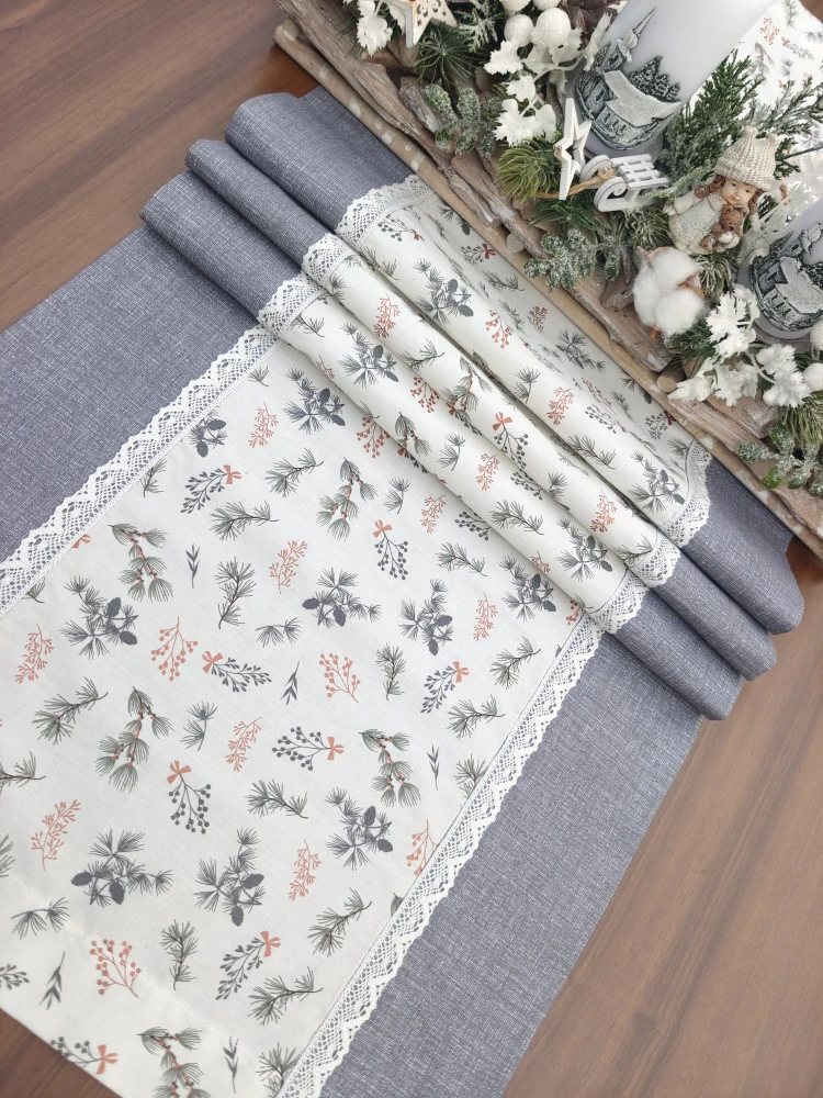 Běhoun - vánoční ubrus větvičky na bílé v kombinaci s šedou | 42 x 134