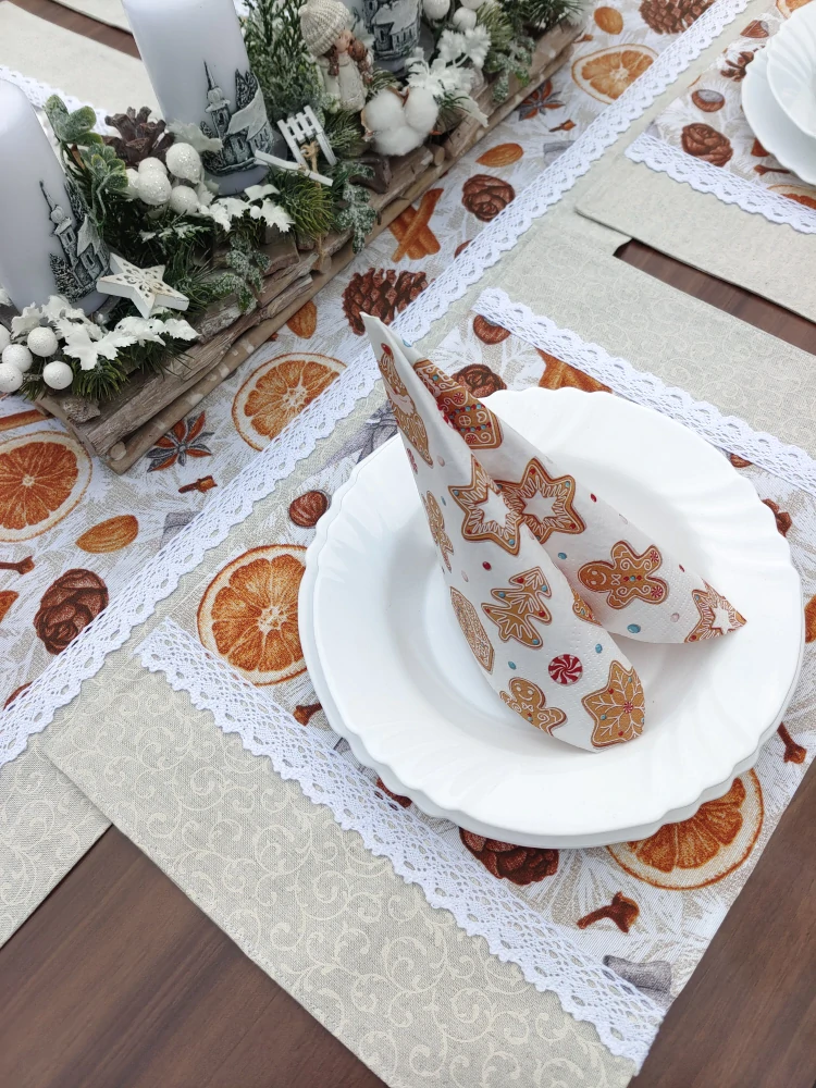 Vánoční jídelní sada - pomeranče a šišky - 1 x běhoun + 4 x prostírání