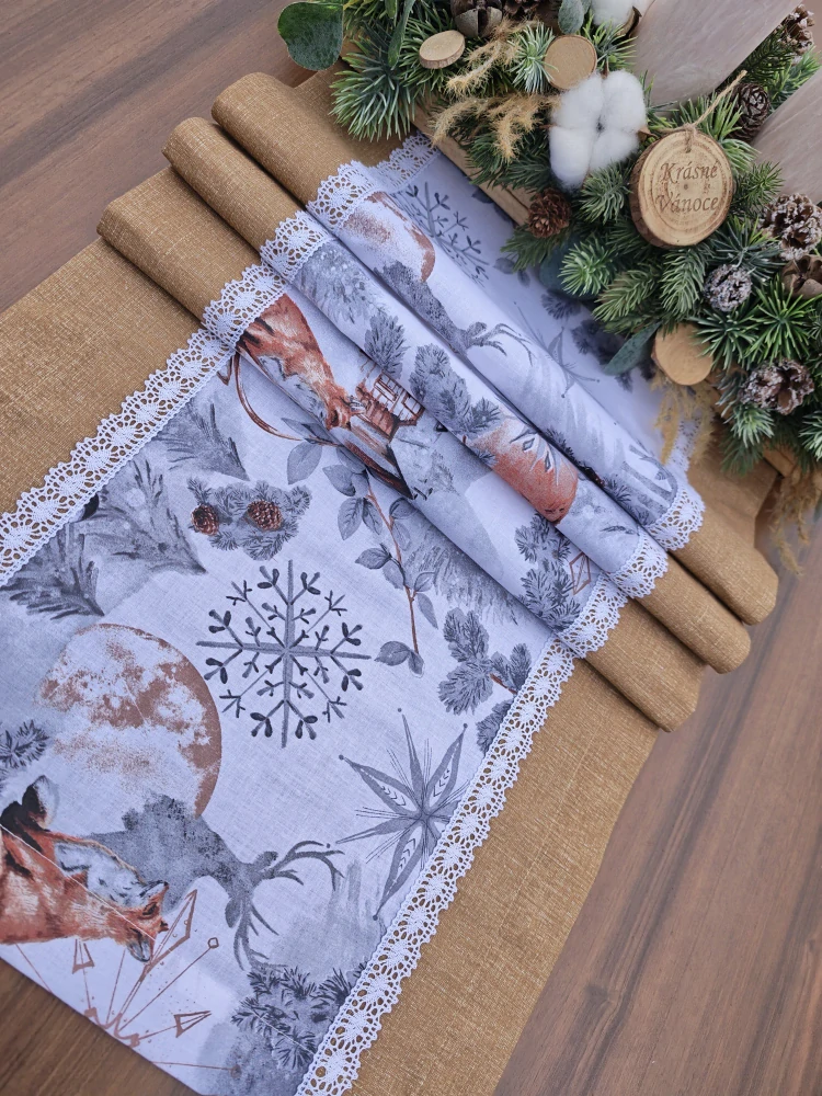 Běhoun - vánoční ubrus jeleni v kombinaci se hnědou | 42 x 148