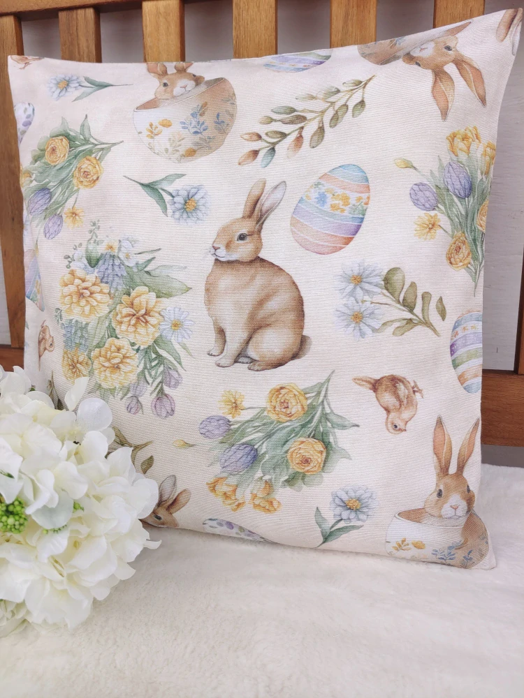Povlak na polštář 40 x 40 cm – Velikonoční zajíčci a vajíčka na béžové | Ruční výroba