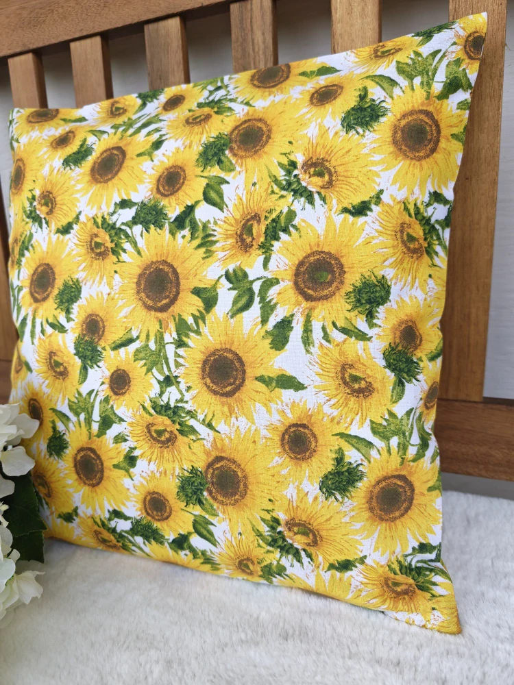 Povlak na polštář 40 x 40 cm – slunečnice s listy | Ruční výroba z bavlny