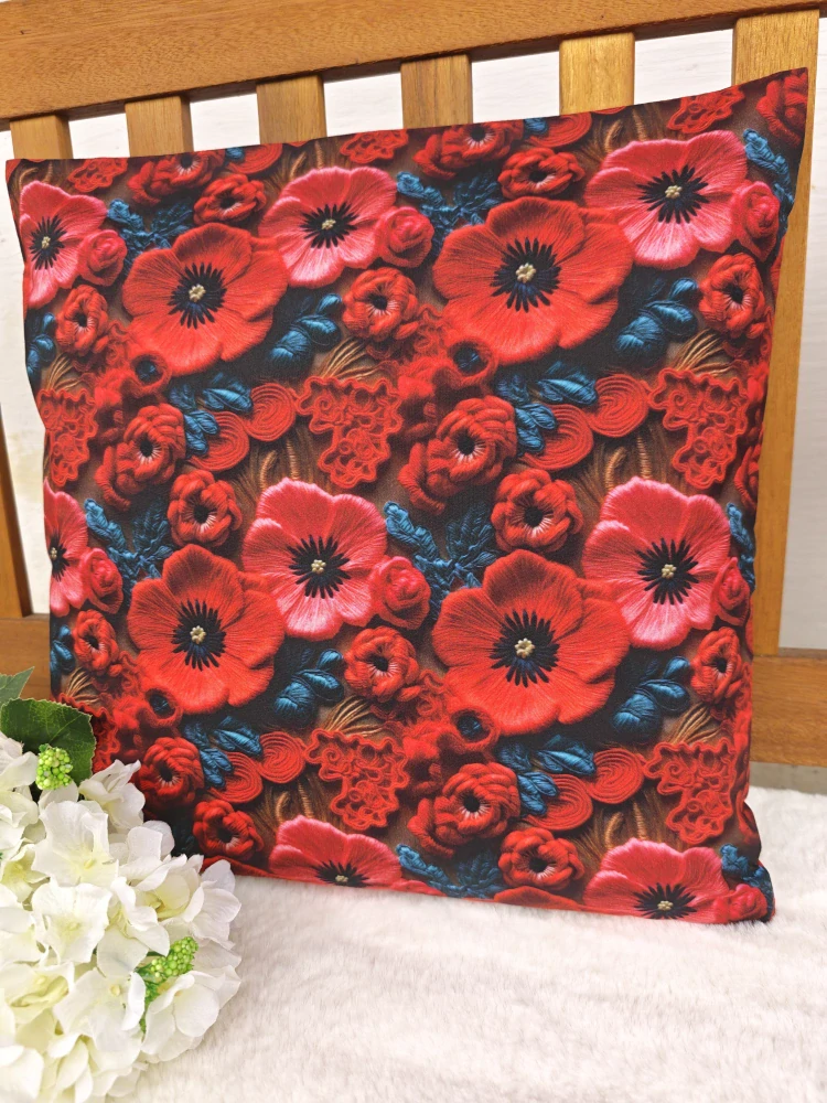 Povlak na polštář 40 x 40 cm – Vlčí máky 3D | Ruční výroba z bavlny