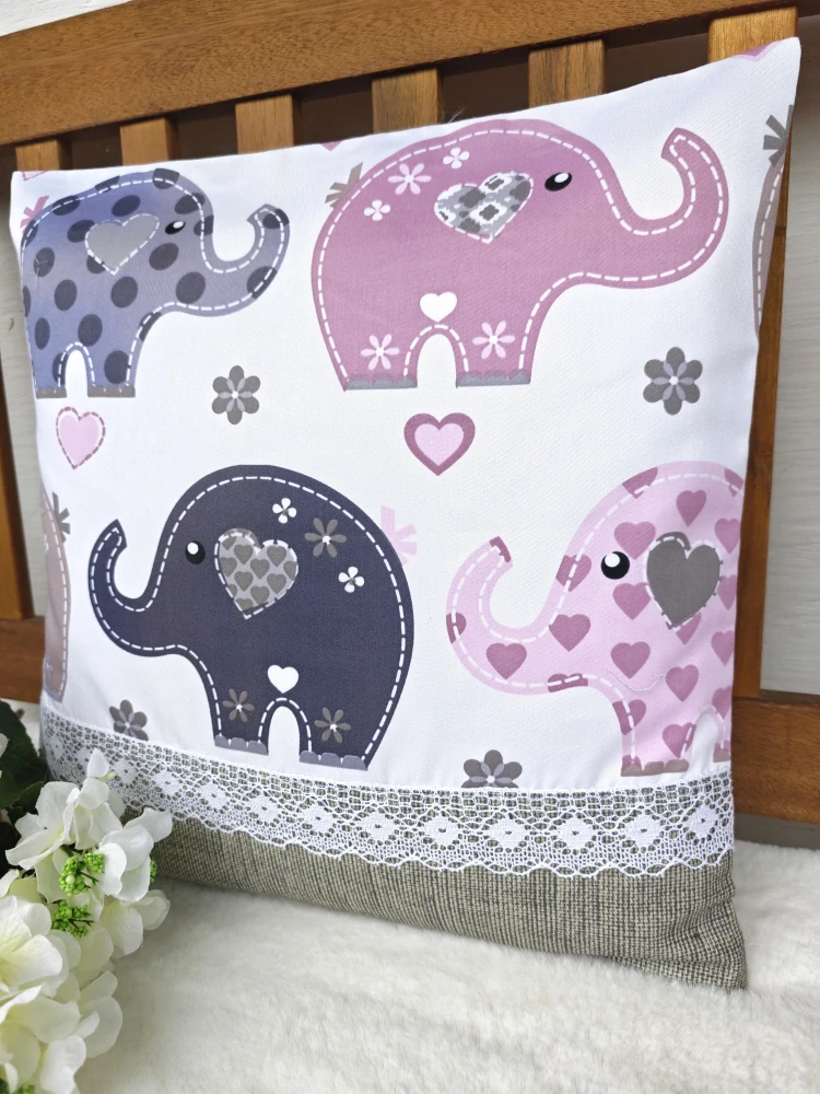 Povlak na polštář 40 x 40 cm – dětský polštář pro holčičky sloni s krajkou | Ruční výroba z bavlny