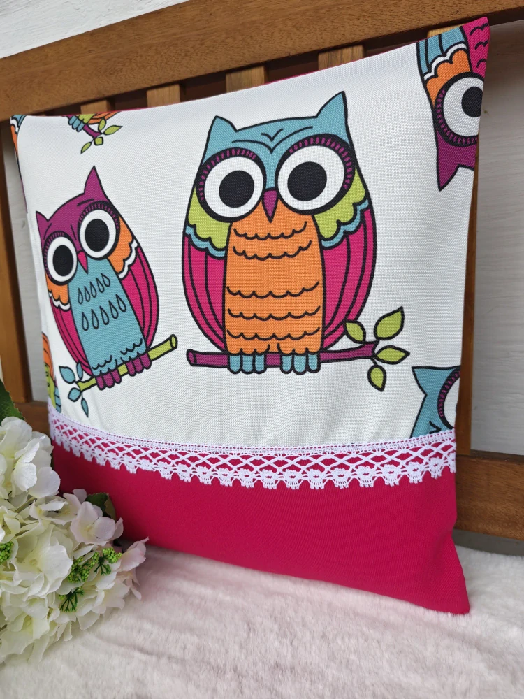Povlak na polštář 40 x 40 cm – dětský polštář pro holčičky sovy s růžovou a krajkou| Ruční výroba z bavlny