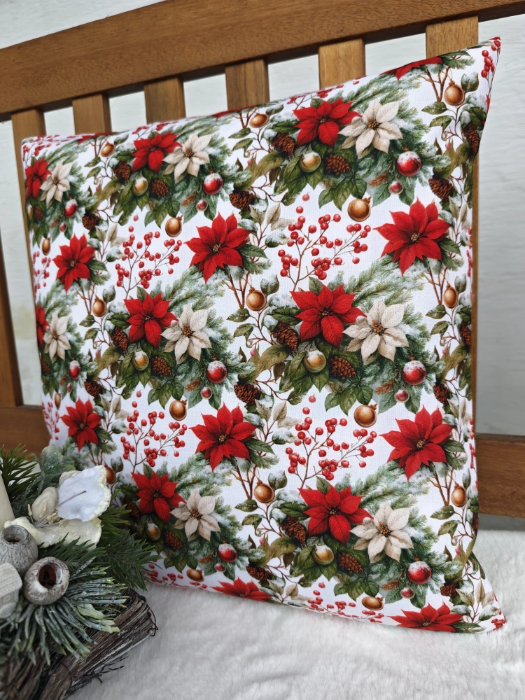 Vánoční povlak na polštář 40 x 40 cm – vánoční červené hvězdy a šišky