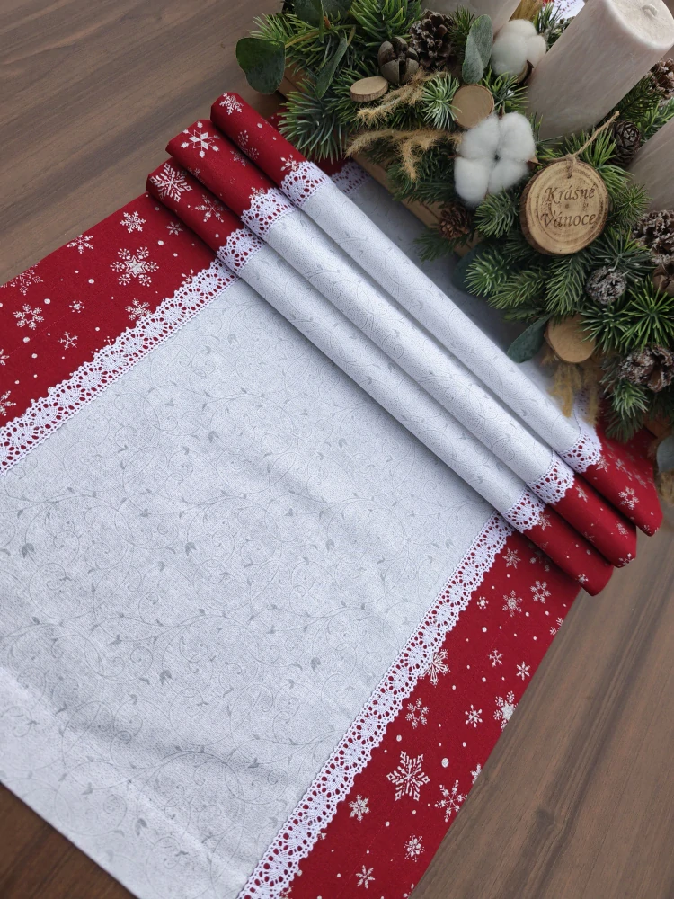 Běhoun vánoční - stříbrné větvičky na bílé lemované stříbrnými vločkami na červené | 42 x 140 cm