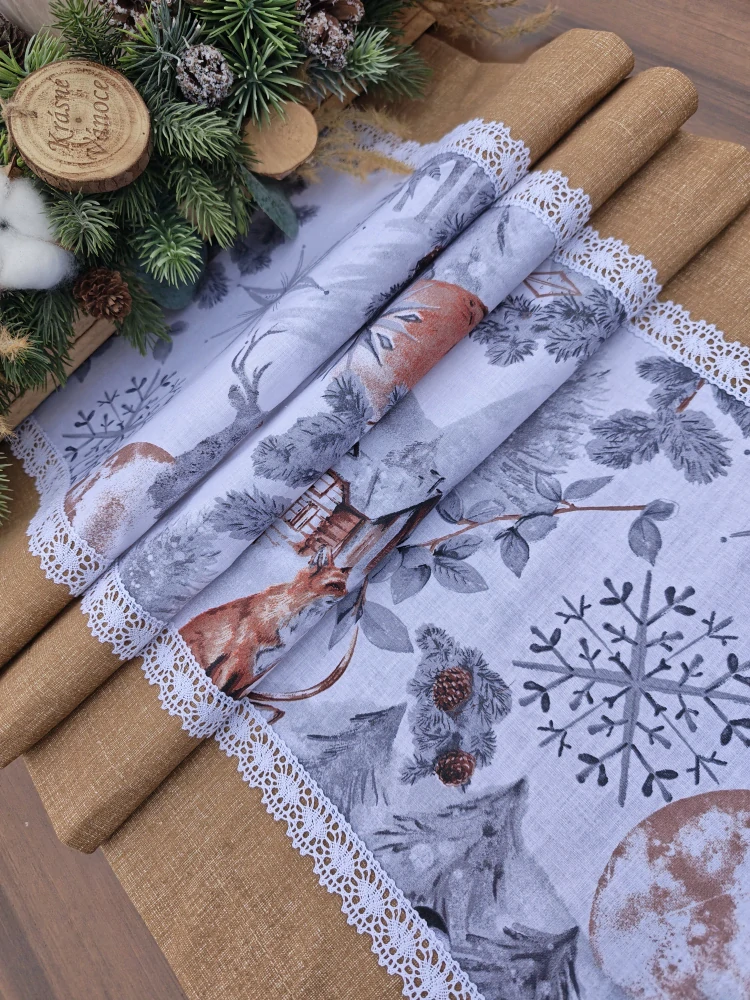 Běhoun - vánoční ubrus jeleni v kombinaci se hnědou | 42 x 148