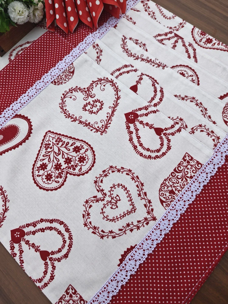 Jídelní sada pro 6 osob - červená srdce malovaná v kombinaci s puntíkem