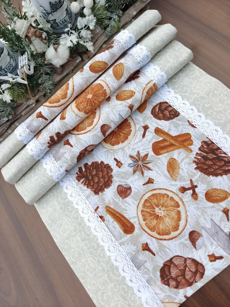 Vánoční jídelní sada - pomeranče a šišky - 1 x běhoun + 4 x prostírání