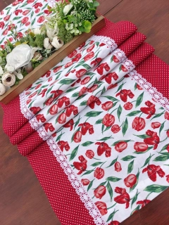 Běhoun - tulipány na bílé v kombinaci se červeným puntíkem