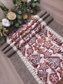 Běhoun - vánoční ubrus perníkové chaloupky v kombinaci s hnědou | 42 x 140