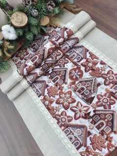 Běhoun - vánoční ubrus perníkové chaloupky v kombinaci s béžovou | 42 x 140