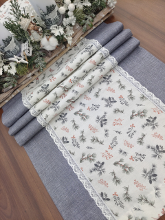 Běhoun - vánoční ubrus větvičky na bílé v kombinaci s šedou | 42 x 134