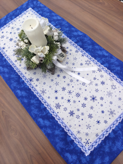 Běhoun - modré vločky na bílé lemované modrým mramorem | 44 x 90 cm | 42 x 140 cm