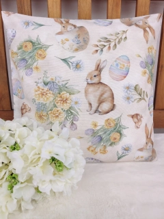 Povlak na polštář 40 x 40 cm – Velikonoční zajíčci a vajíčka na béžové | Ruční výroba