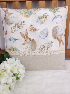 Povlak na polštář 40 x 40 cm – velikonoční zajíčci a vajíčka na béžové | Ruční výroba