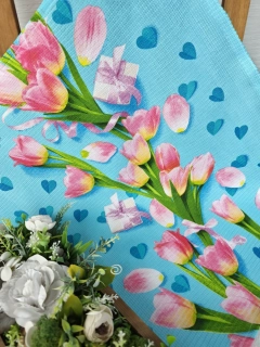 Kuchyňská utěrka - tulipány na tyrkysové