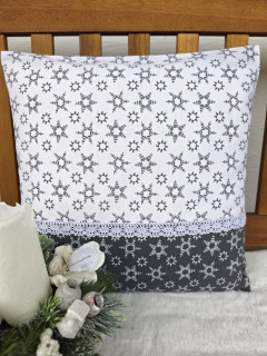 Povlak na polštář 40 x 40 cm – šedé vločky na bílé v kombinaci s bílými vločkami na šedé