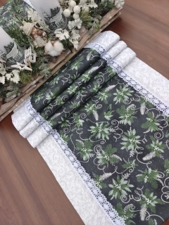 Běhoun - vánoční ubrus stříbrná hvězda na šedé lemovaná stříbrnou | 35 x 136